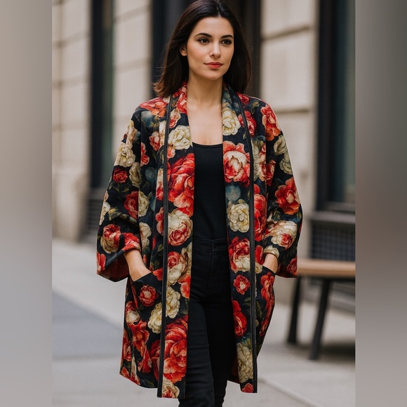 Handmade Jackets & Blazers - 🧵 HANDMADE (by me!) Dutch Art Floral Velvet Kimono Jacket Coat M/L